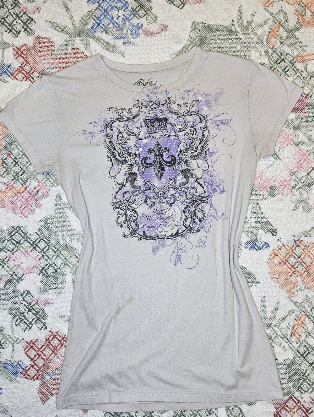 Fame & Fortune Y2k White Lavender Crest Graphic Tee - Women's Short Sleeve Top